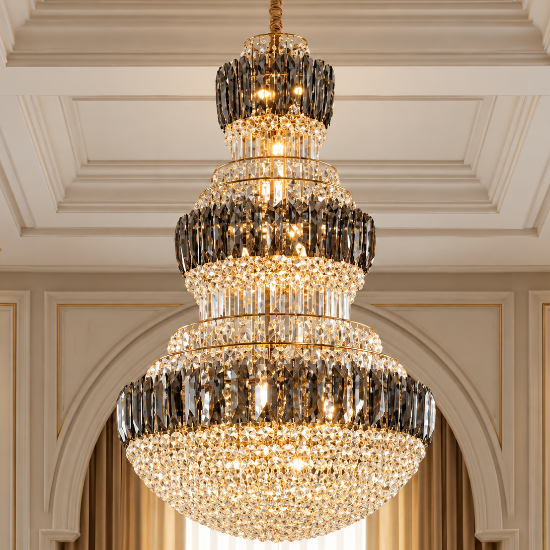 Candelabru Cristal VELIOR Regalis 29xE14, D80 cm, Auriu, Inaltime Reglabila, Metal si Cristal
