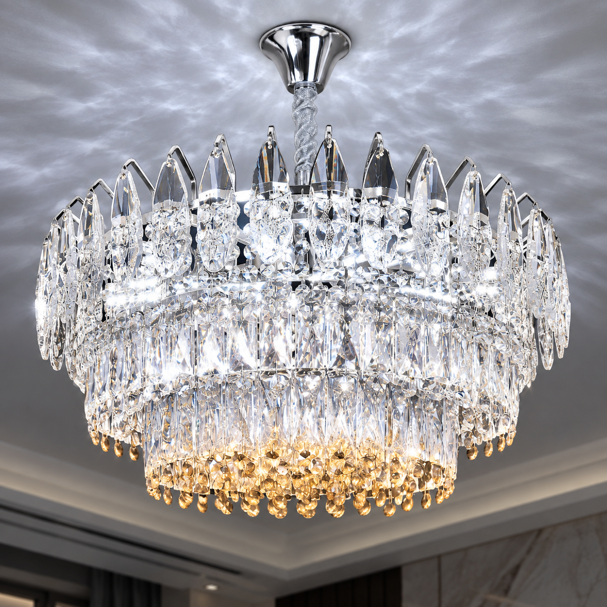 Candelabru Cristal MAJESTIC Magno 15x E14, Diametru 60cm, Crom Lucios, Inaltime Reglabila