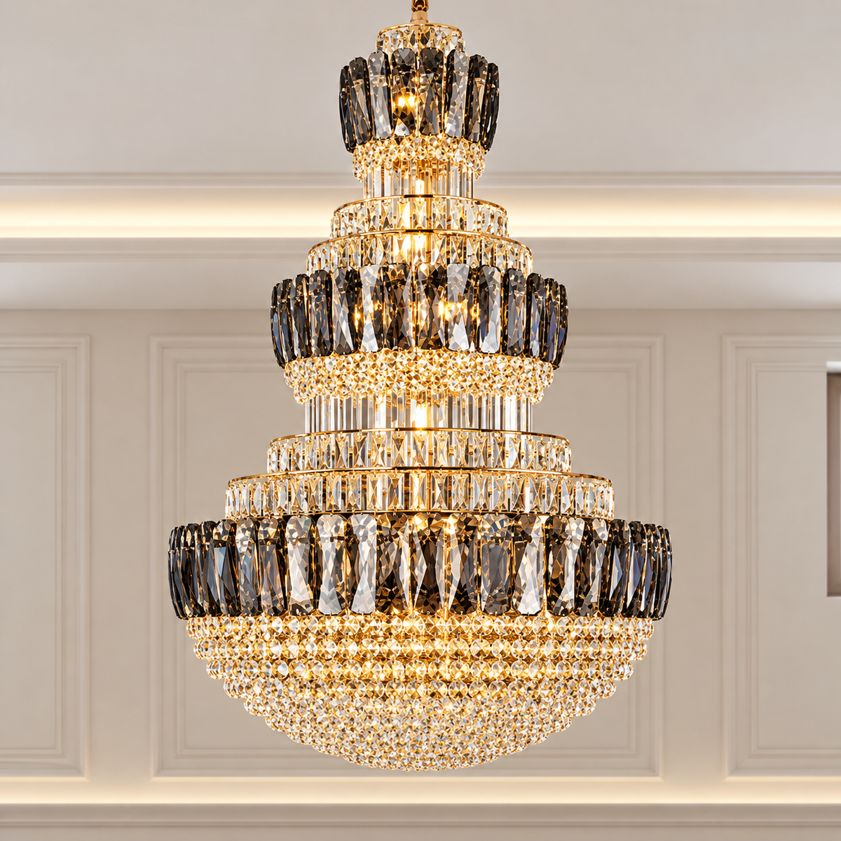 Candelabru Cristal VELIOR Supremo 40xE14, D100 cm, Auriu, Inaltime Reglabila, Metal si Cristal