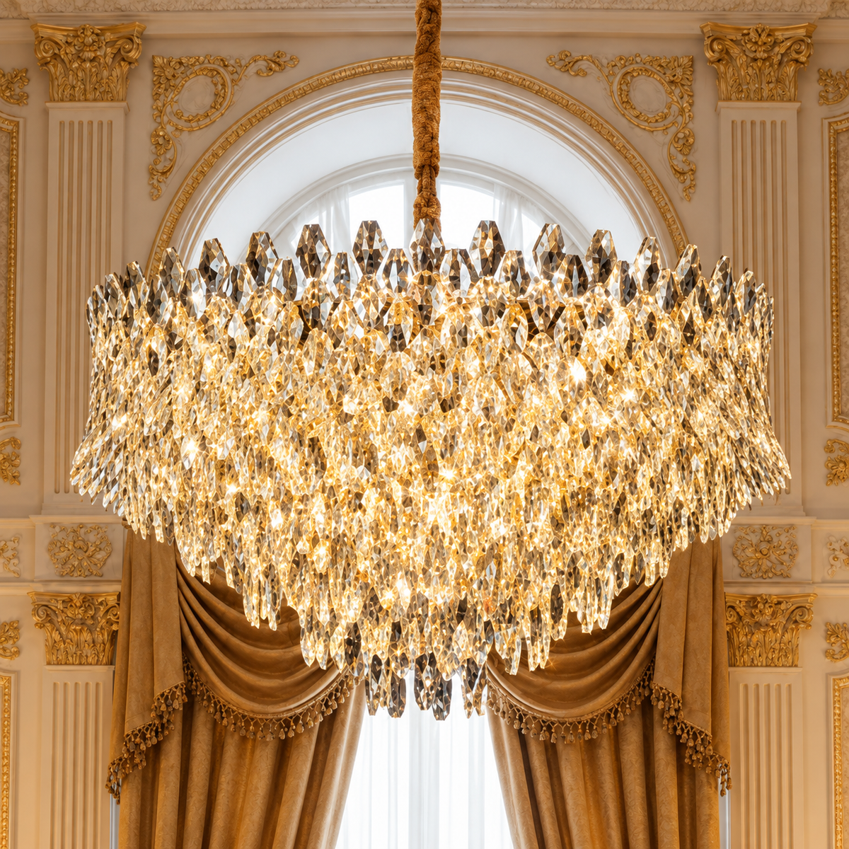 Candelabru Cristal MONARCH Regalis 19xE14, Diametru 80cm, Inaltime 50cm, Auriu Lucios, Inaltime Reglabila, Design Elegant