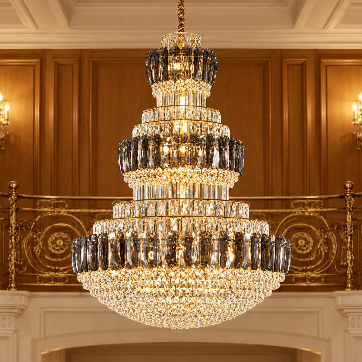 Candelabru Cristal VELIOR Grande 49xE14, D120 cm, Auriu, Inaltime Reglabila, Metal si Cristal