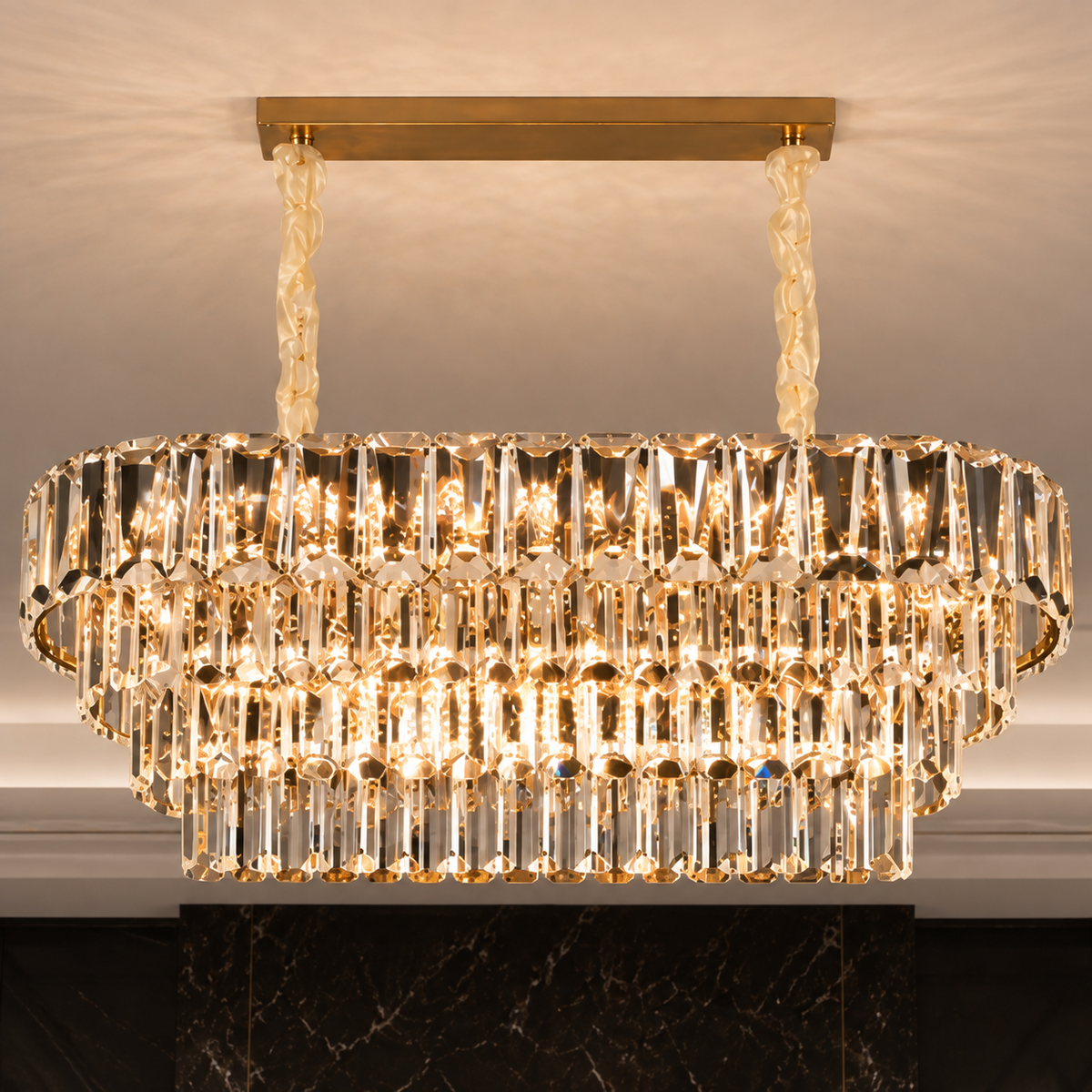 Candelabru Cristal VALMONT Supremo 12xE14, 80x30 cm, Auriu, Inaltime Reglabila, Metal si Cristal