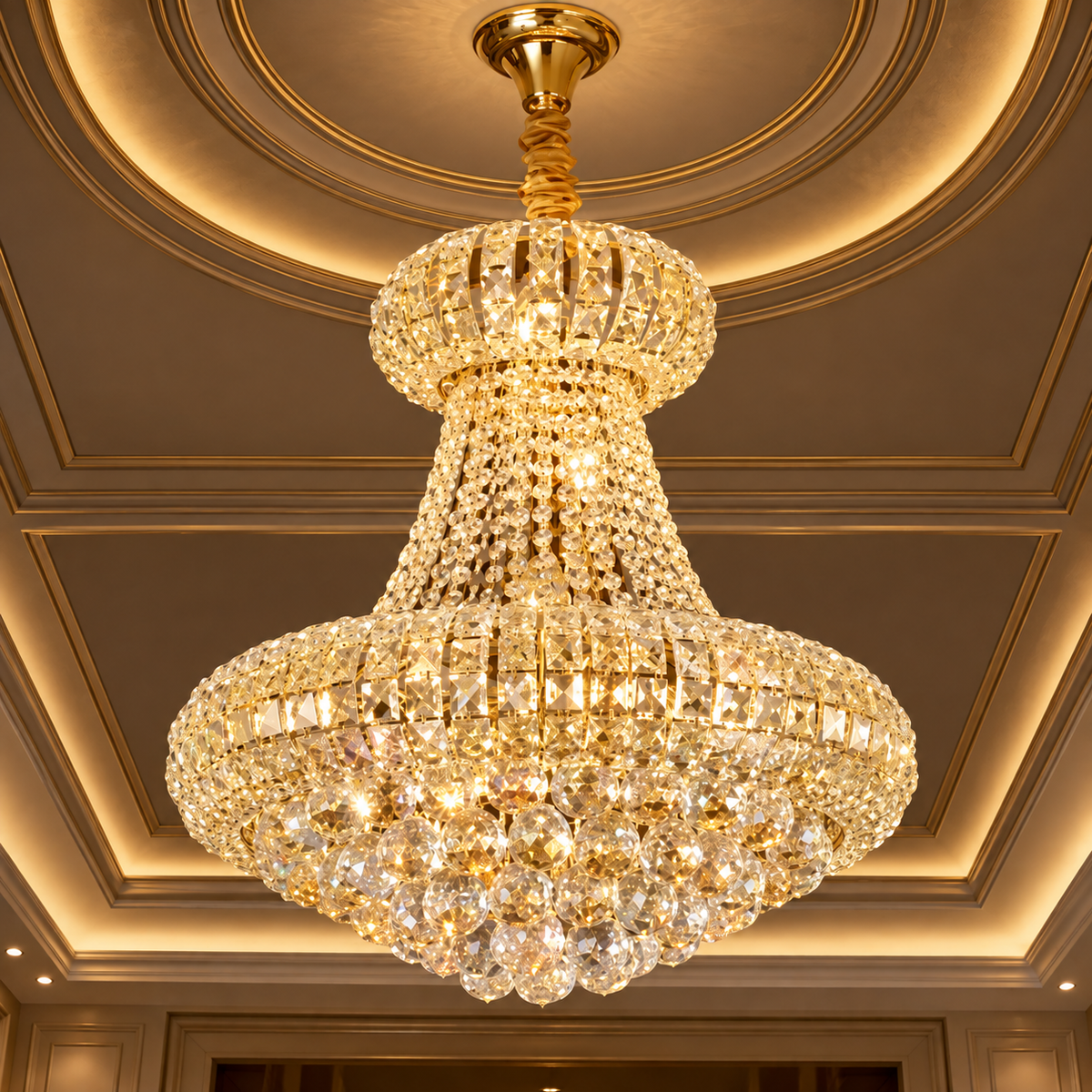 Candelabru Cristal CASTRUM Eleganza 9xE14, D50 cm, Auriu, Inaltime Reglabila, Metal si Cristal