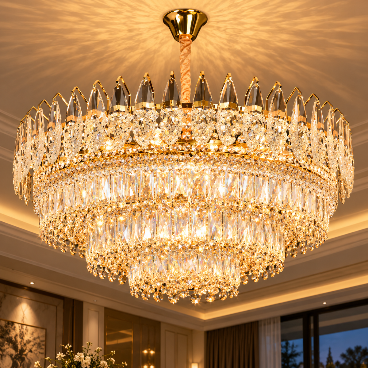 Candelabru Cristal MAJESTIC Regalis 21x E14, Diametru 80cm, Auriu Lucios, Inaltime Reglabila