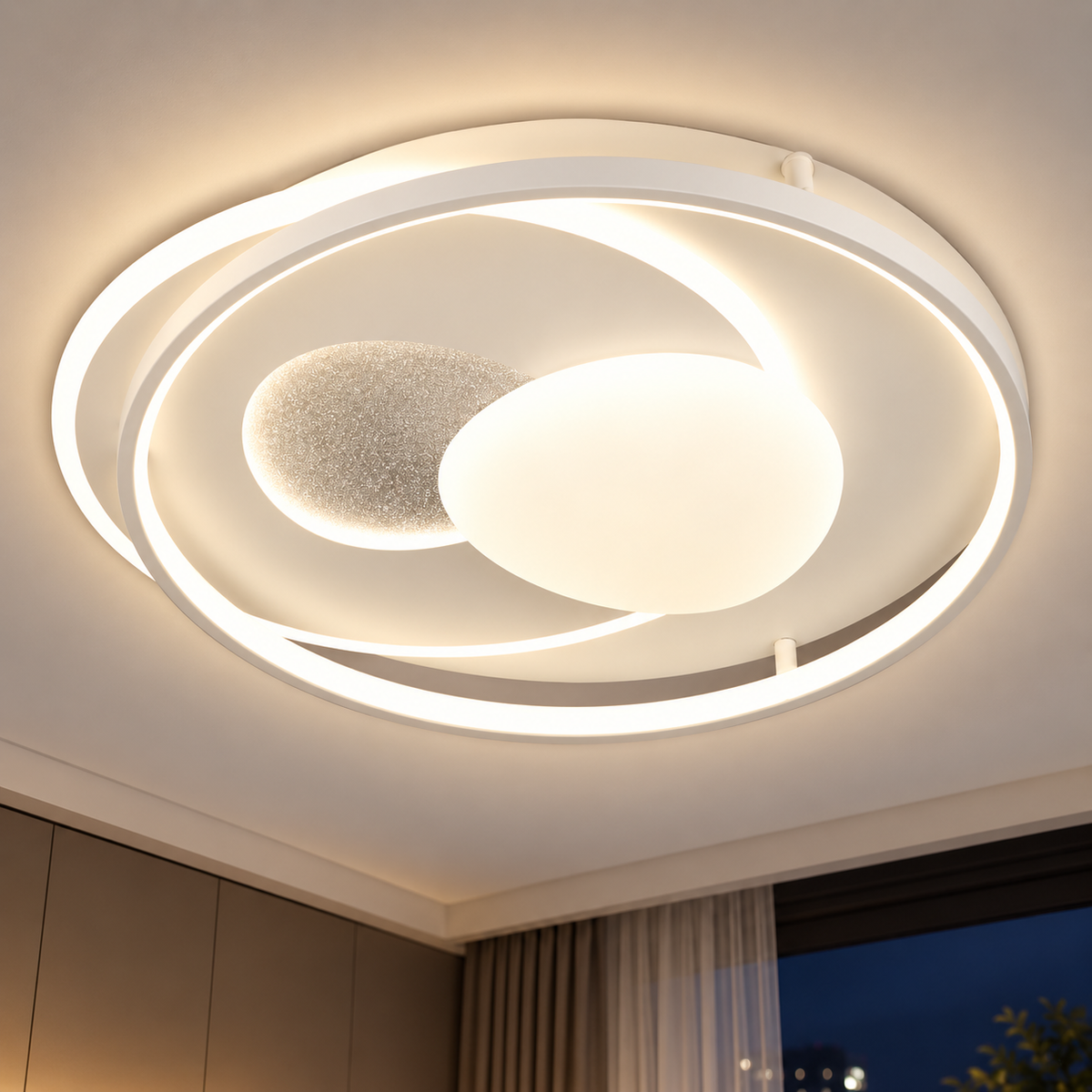 Lustra LED cu telecomanda ASTERA, Forma Ovala, 85W, lumina Rece/Calda/Neutra, Dimabila, Alb
