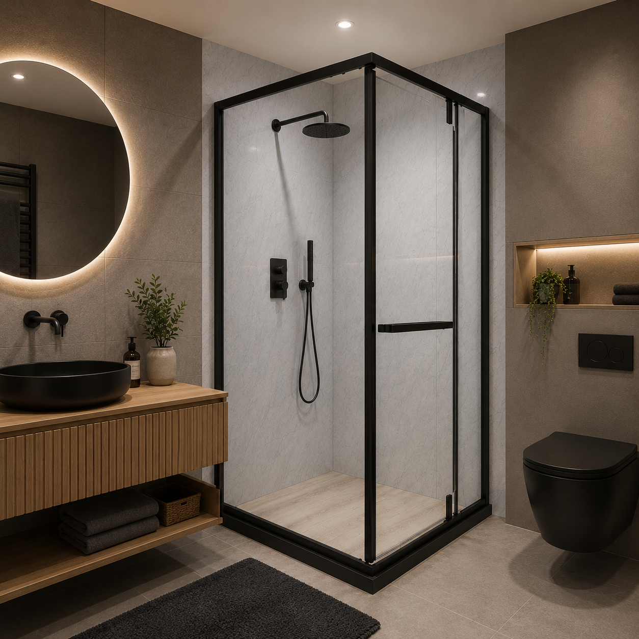 Paravan duș Walk-In 100x100x195 cm, sticlă securizată 7.6 mm, satin, profil metalic rezistent, Negru