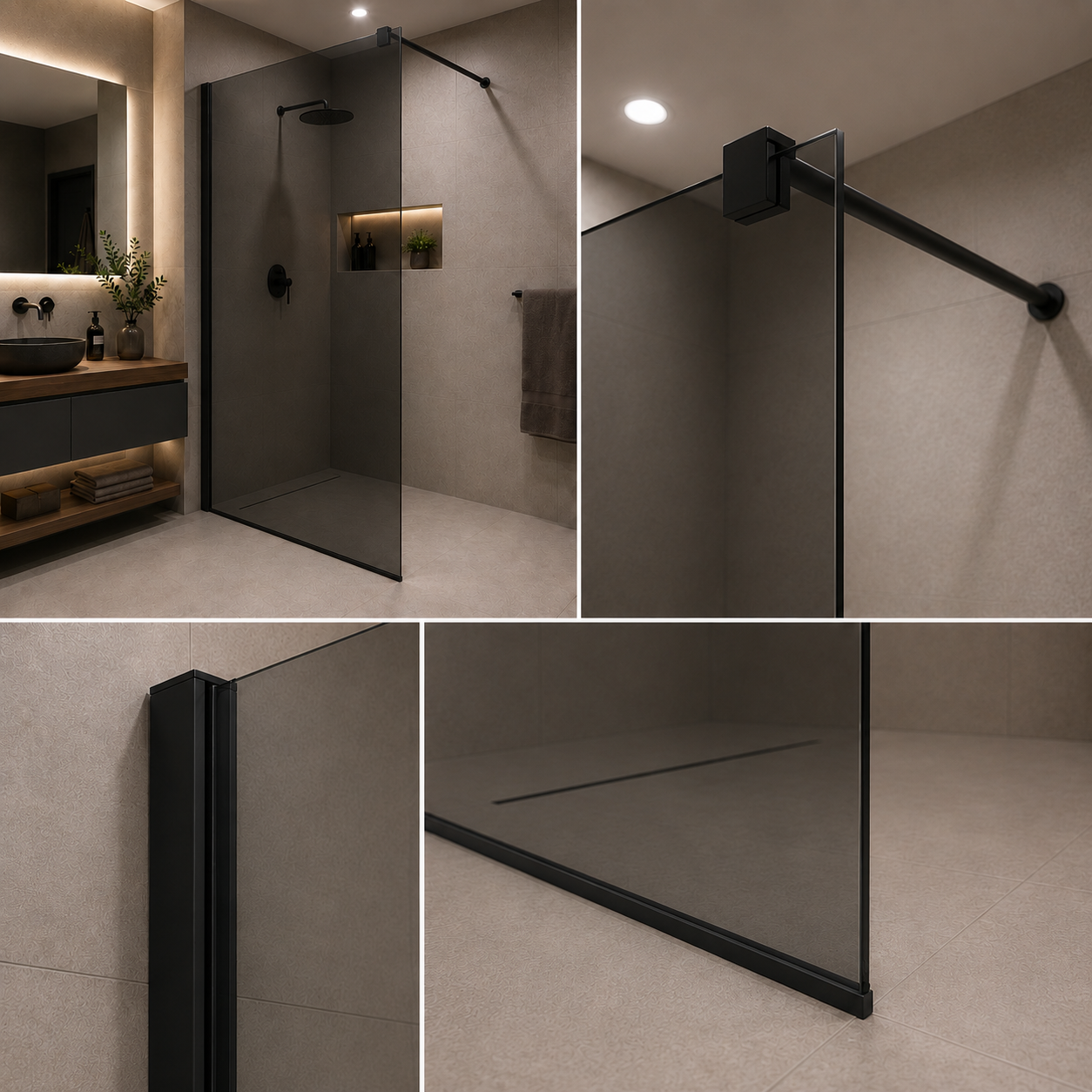 Paravan duș Walk-In 100x195cm, Sticlă Gri securizată 8 mm, Profil metalic rezistent, Negru