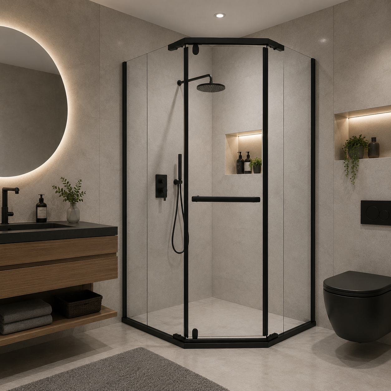 Paravan duș Walk-In 90x90x190 cm, sticlă securizată 6 mm, profil metalic rezistent, Negru
