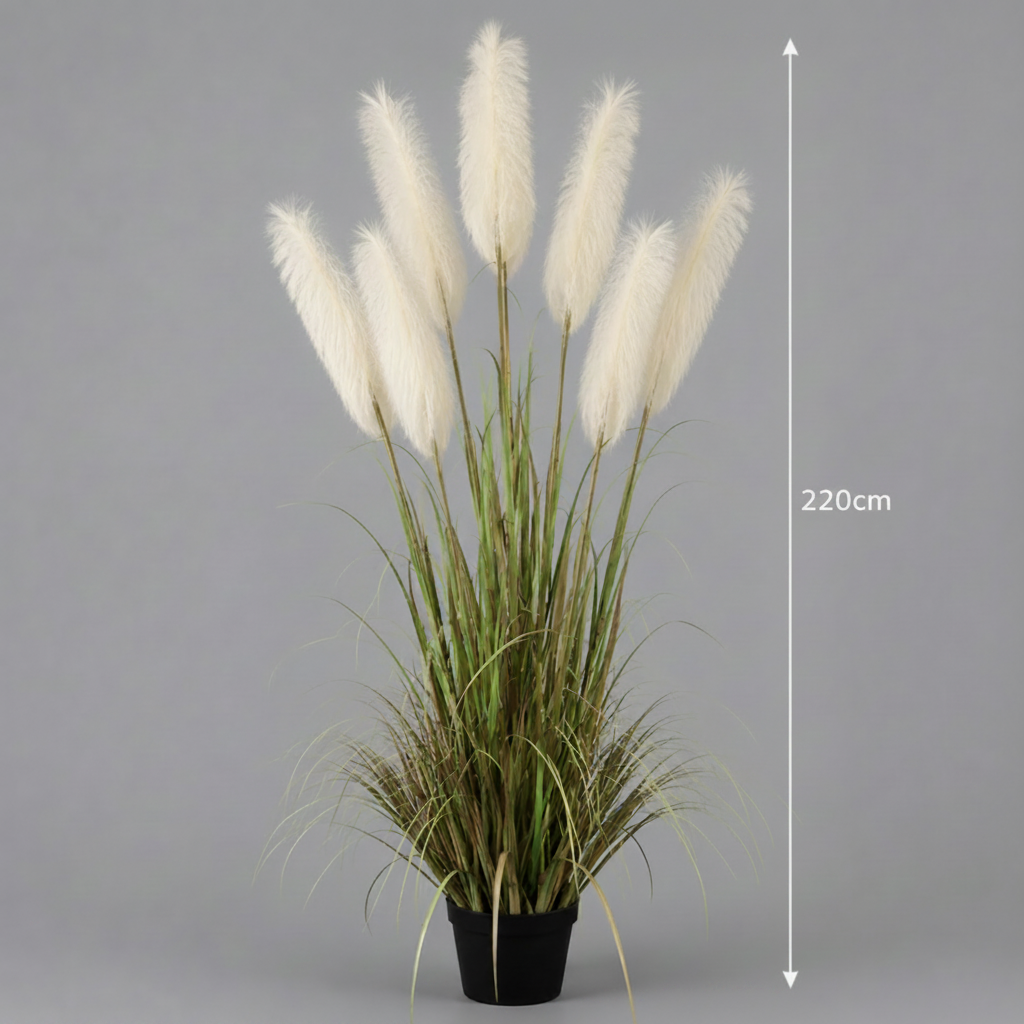 Plantă decorativă în ghiveci, 7 fire, 220cm, Stuf Artificial, Material Textil si Plastic, Verde si Alb