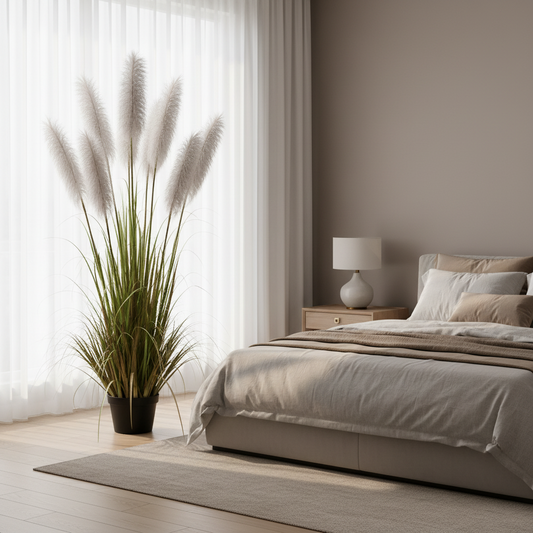 Aranjament decorativ cu 7 fire, 220cm, Stuf Artificial, Material Textil si Plastic, Verde si Gri