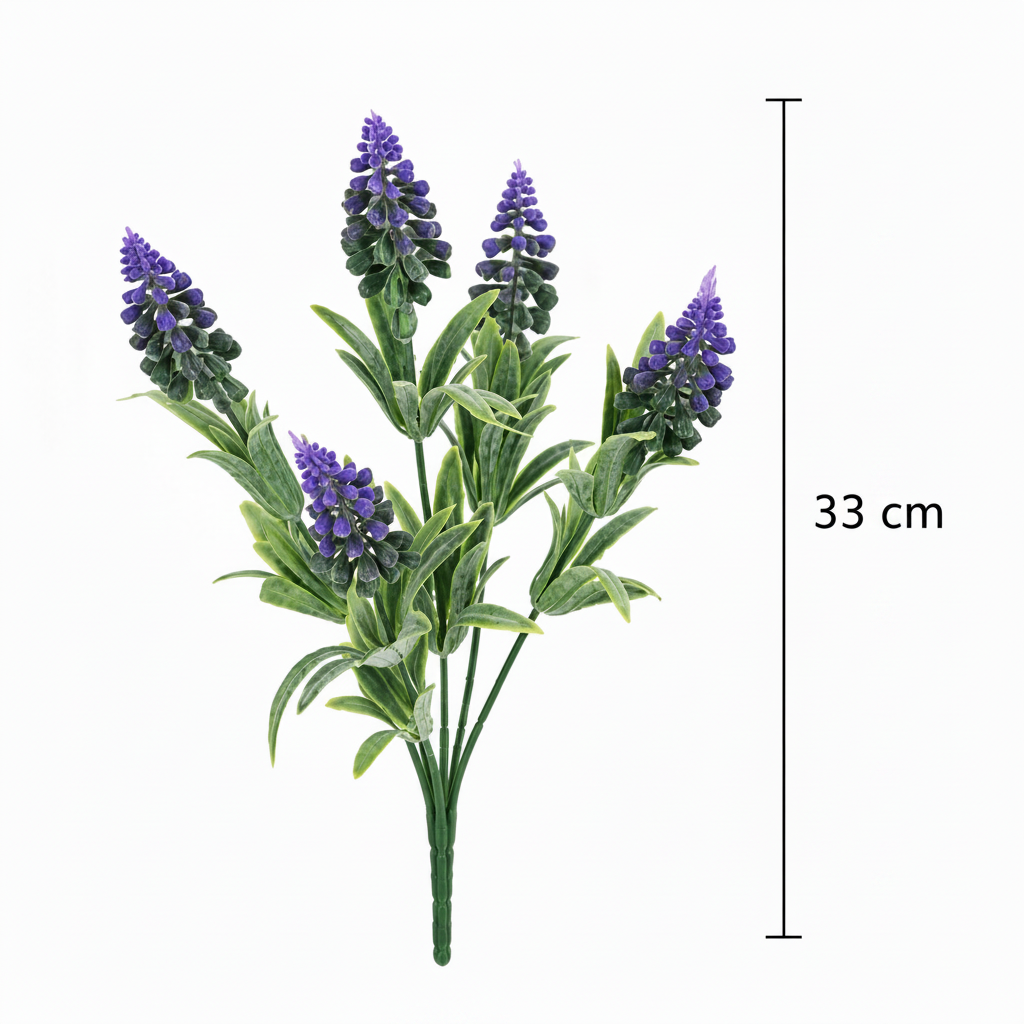 Planta Artificiala, Floare Decorativa de Lavanda, 5 Ramuri, 33 cm, Mov si Verde, Set de 2 Bucati