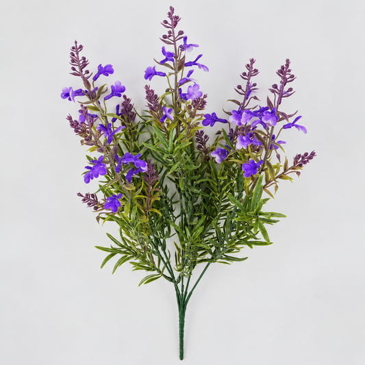 Planta Artificiala, Floare Decorativa de Lavanda, 5 Ramuri, 41 cm, Mov Verde si Alb, Set de 2 Bucati