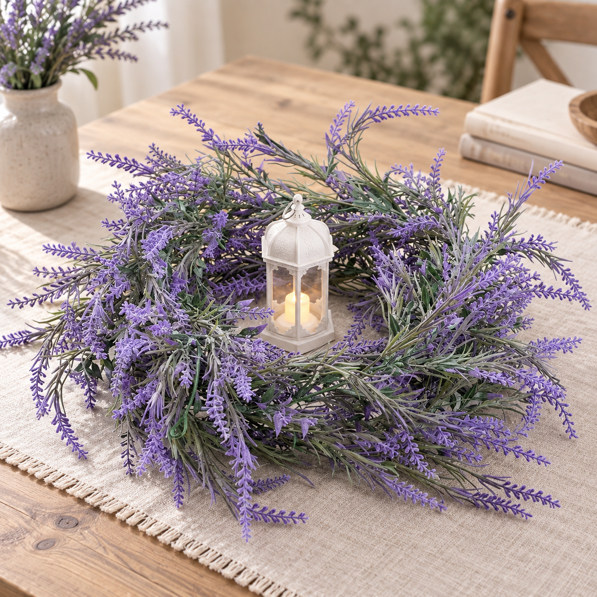Planta Artificiala Ghirlanda Decorativa de Lavanda, Aspect Bogat, 185cm, 122 Ramificatii, Verde si Mov, Set de 2 Bucati