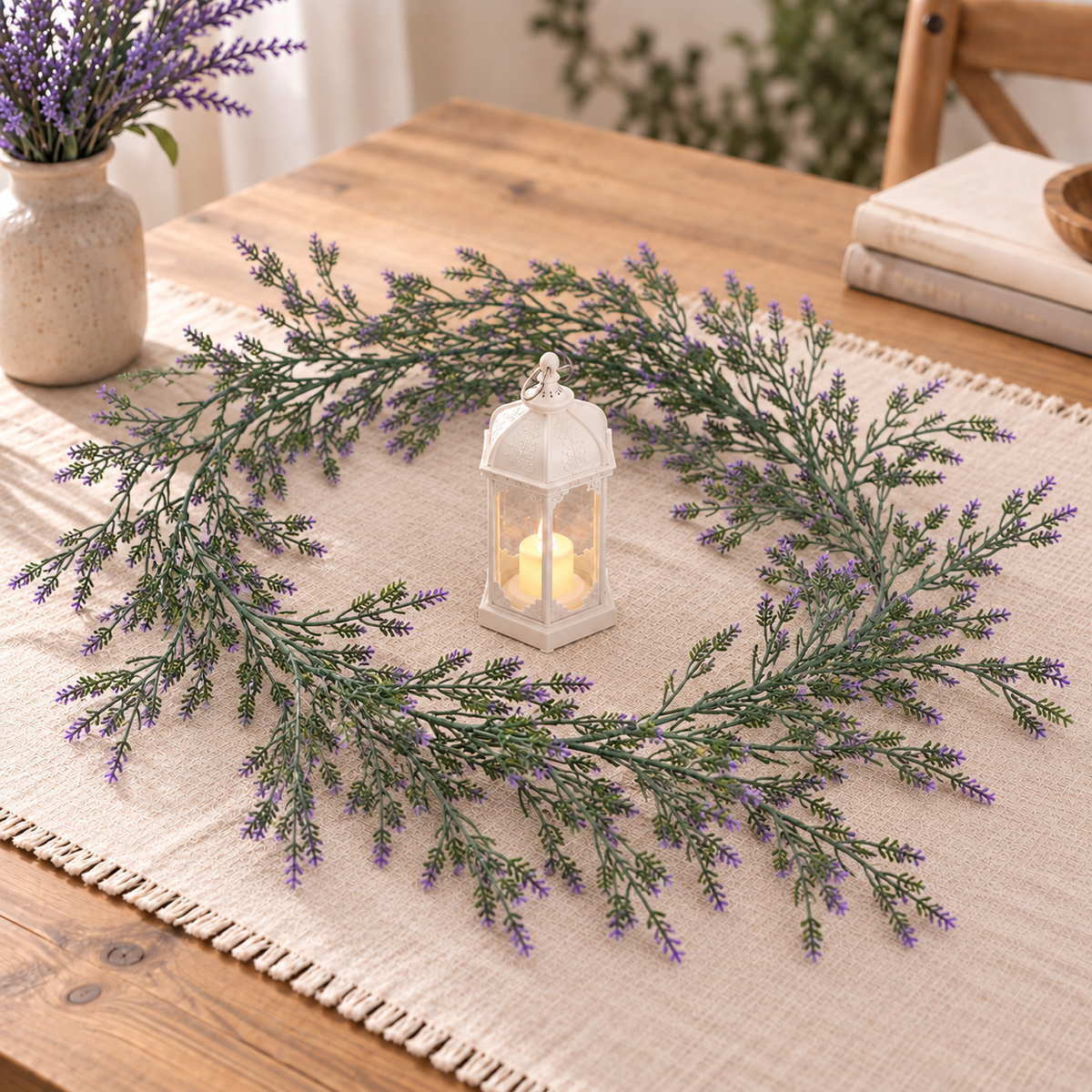 Planta Artificiala Ghirlanda Decorativa de Lavanda, Aspect Natural, 185cm, 72 Ramificatii, Verde si Mov, Set de 2 Bucati