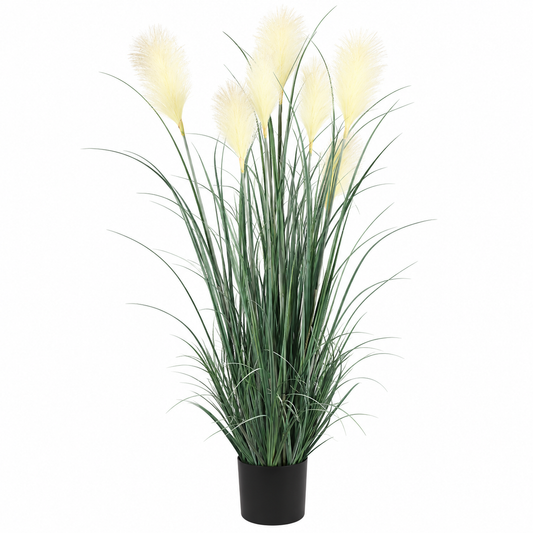 Planta Artificiala Iarba Ornamentala, 180 cm, cu 7 Fire, Stuf si Iarba, Verde si Alb, Fara Ghiveci