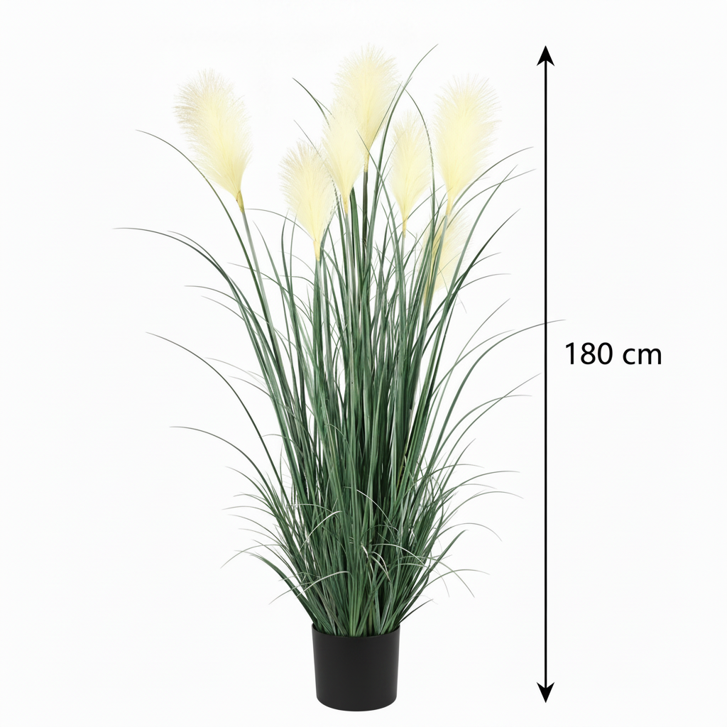 Planta Artificiala Iarba Ornamentala, 180 cm, cu 7 Fire, Stuf si Iarba, Verde si Alb, Fara Ghiveci