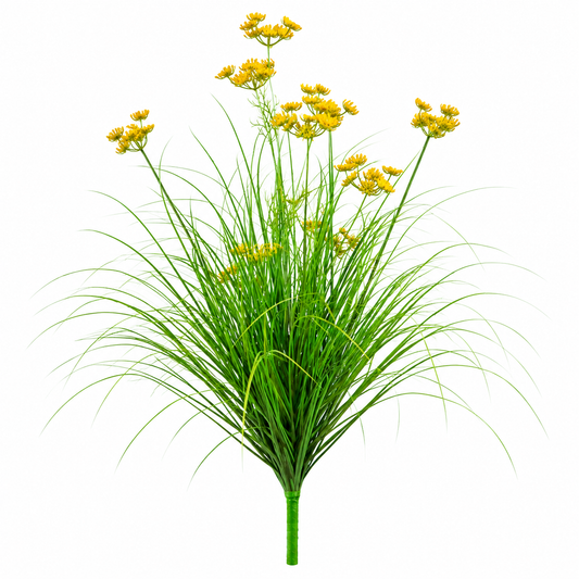 Planta Artificiala Iarba Ornamentala Tip Marar, 80 cm, cu 9 Flori, Verde si Galben, Fara Ghiveci