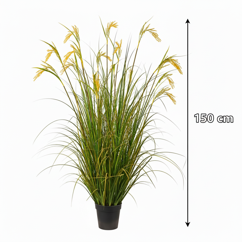 Planta Artificiala Iarba Ornamentala Tip Spice de Orez, 150cm, cu 17 Fire, Verde si Galben, Fara Ghiveci