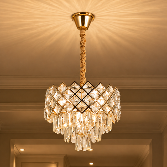 Candelabru Cristal VECTORIA Nobile 5xE14, Diametru 39cm, Auriu, Inaltime Reglabila, Metal si Cristal