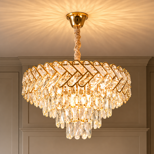 Candelabru Cristal VECTOR Eleganza 8xE14, Diametru 48cm, Auriu Lucios, Inaltime Reglabila, Metal si Cristal