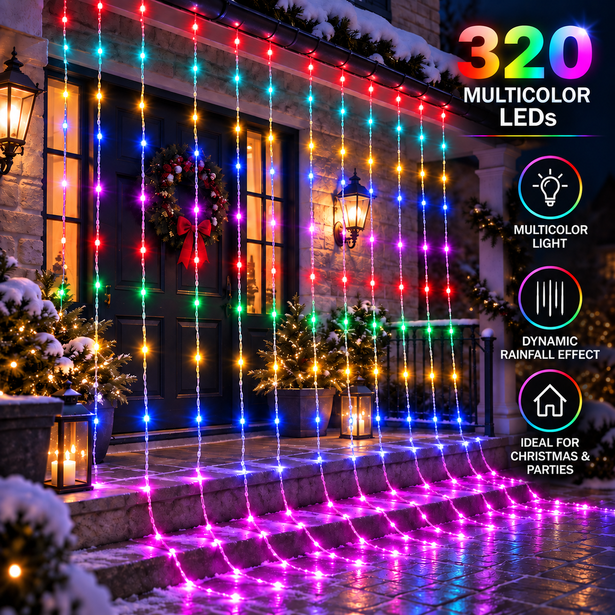 Instalatie de Craciun Tip Ploaie, Lumina Multicolora, 300 x 300cm, 320 LED-uri