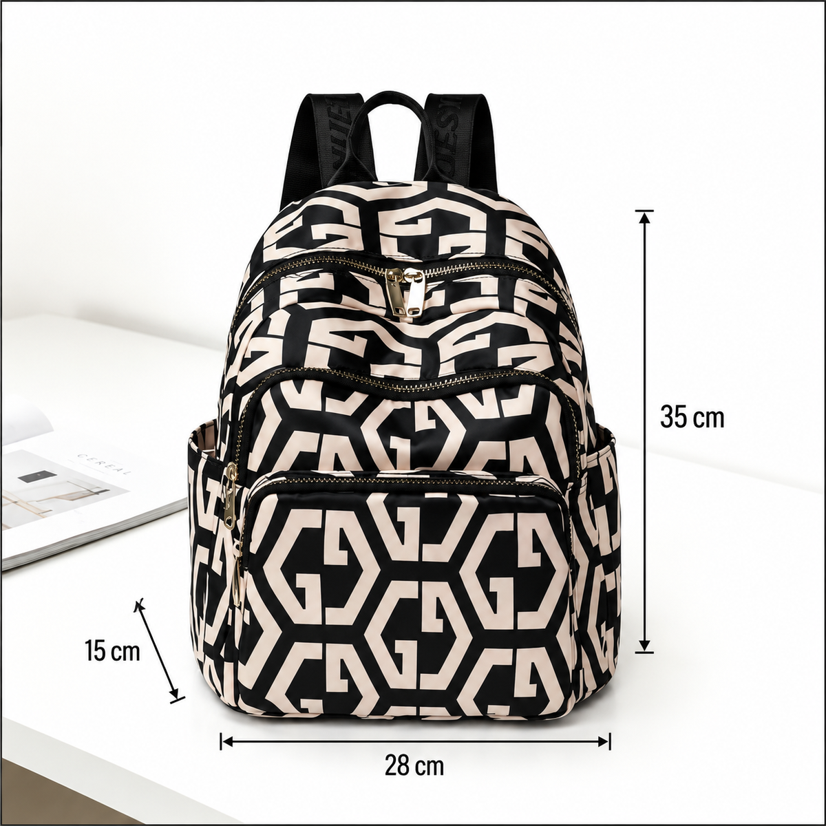 Rucsac de Scoala BUKHARA, 28x15x35 cm, Oxford, Negru si Alb