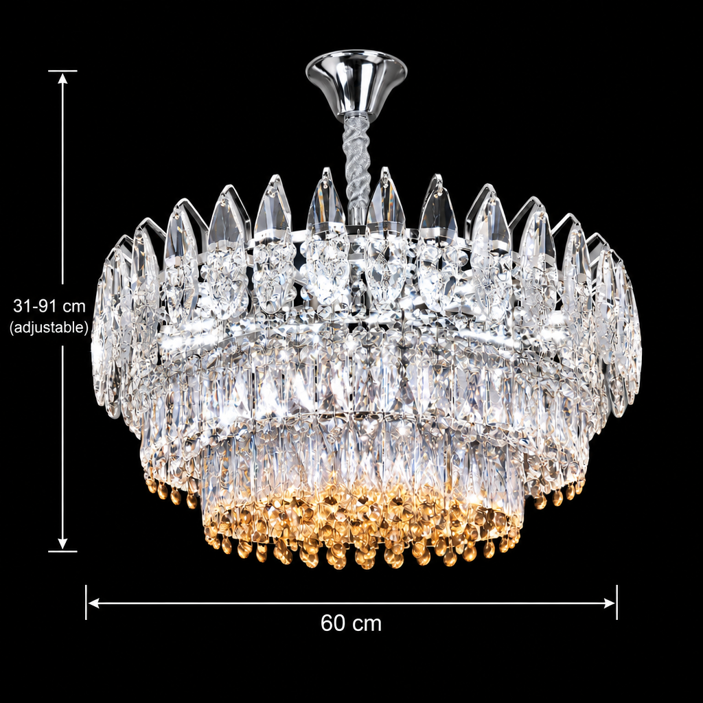 Candelabru Cristal MAJESTIC Magno 15x E14, Diametru 60cm, Crom Lucios, Inaltime Reglabila