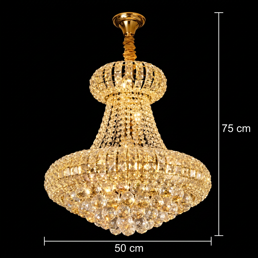 Candelabru Cristal CASTRUM Eleganza 9xE14, D50 cm, Auriu, Inaltime Reglabila, Metal si Cristal