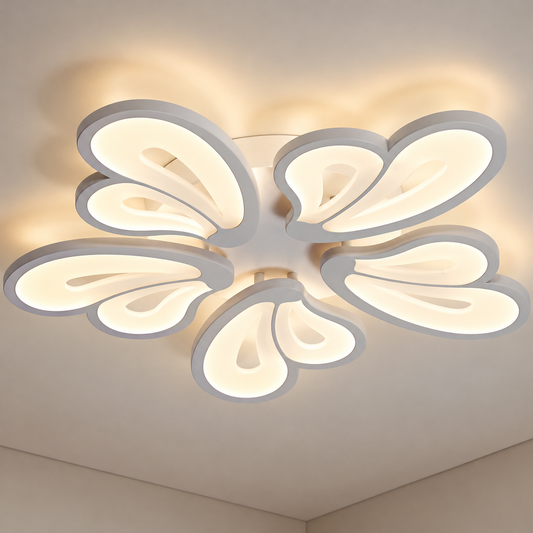 Lustra LED cu telecomanda BLOSSOM 95W, 5 Petale, lumina Rece/Calda/Neutra 3000K/4000K/6000K, Dimabila, Alb, Metal si Acril