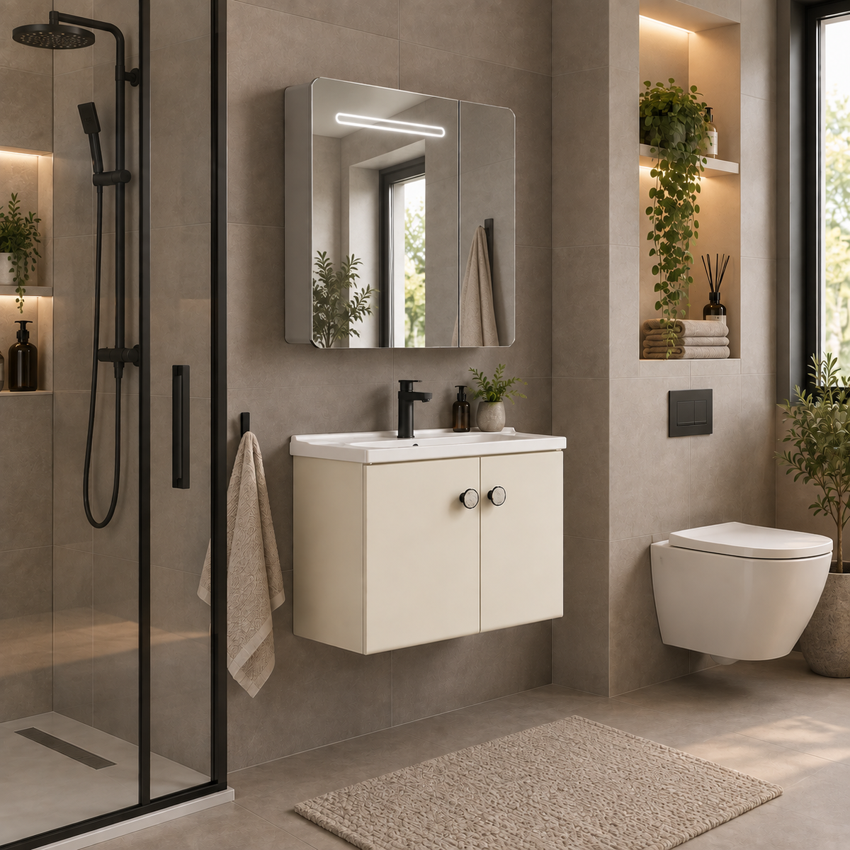 Set Mobilier RISHTON pentru Baie, Dulap Lavoar+Dulap Oglinda 60cm, 2 Piese, Gri si Alb