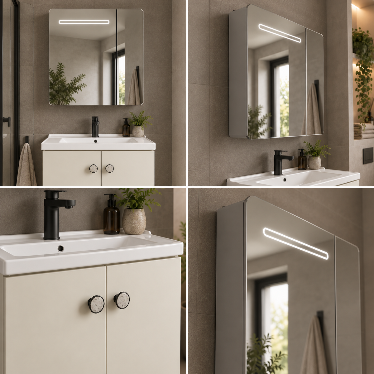 Set Mobilier RISHTON pentru Baie, Dulap Lavoar+Dulap Oglinda 60cm, 2 Piese, Gri si Alb
