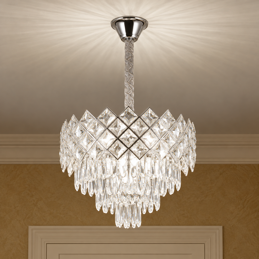 Candelabru Cristal VECTORIA Nobile 5xE14, Diametru 39cm, Crom Lucios, Inaltime Reglabila, Metal si Cristal