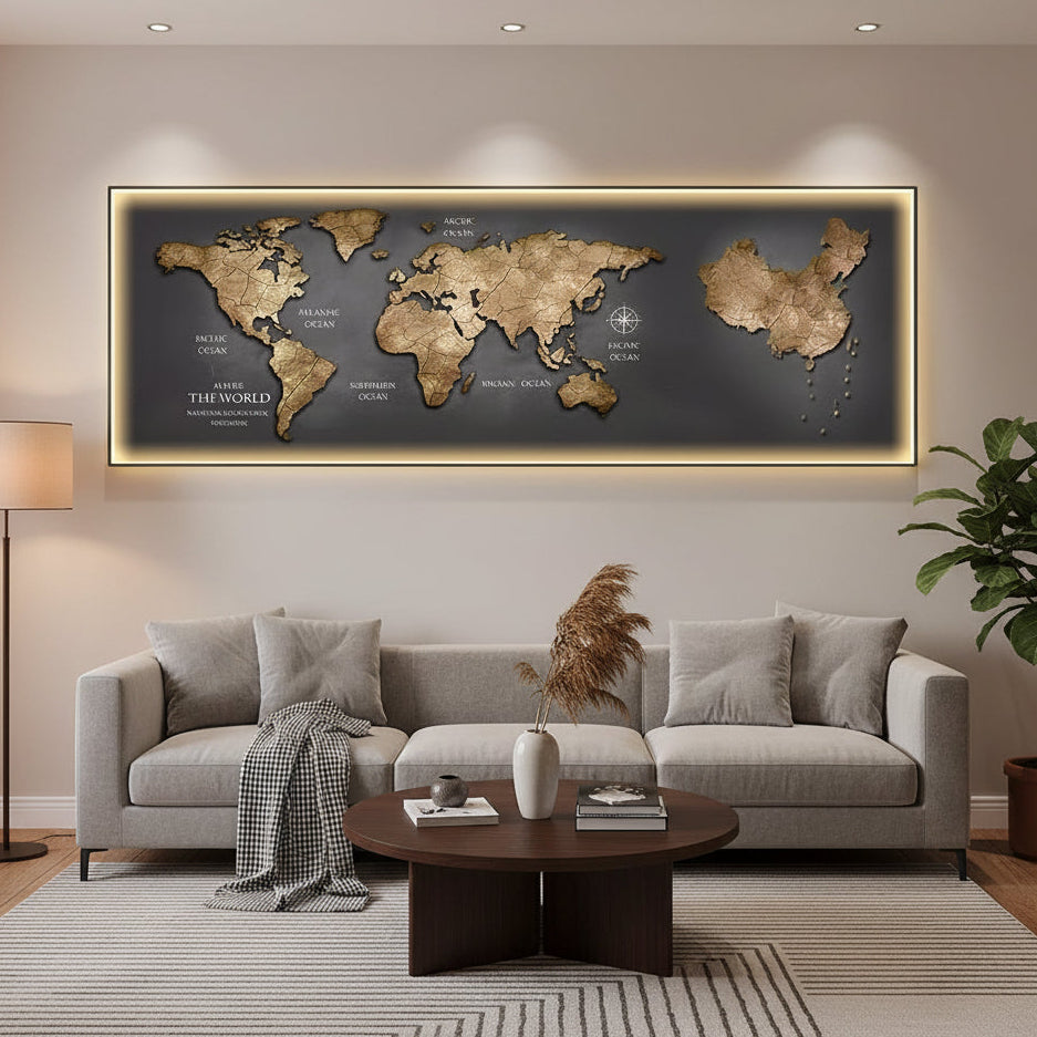 Tablou Sticla cu iluminare LED Harta a Lumii, 60 x 120 cm, Aliaj de Aluminiu si MDF