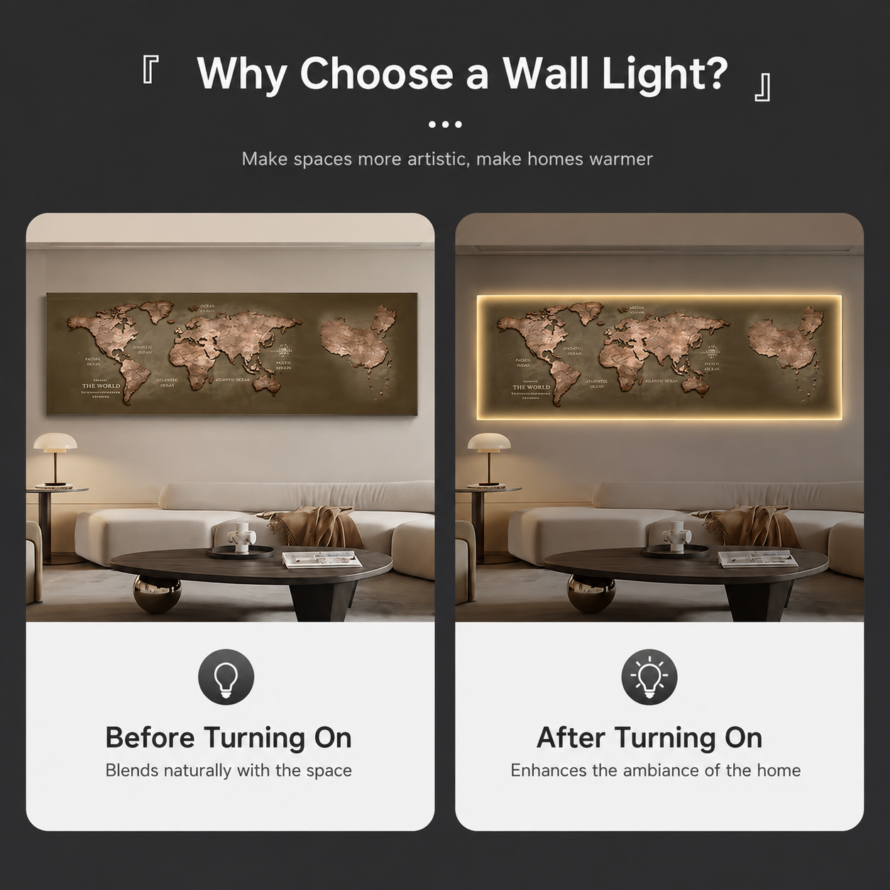 Tablou Sticla cu iluminare LED Harta a Lumii, 60 x 120 cm, Aliaj de Aluminiu si MDF