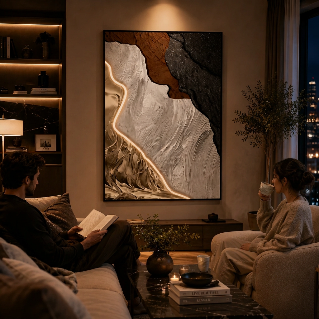 Tablou Decorativ cu Iluminare LED Raul de Aur, 80 x 120 cm, 24W, Lumina Neutra, Aliaj de Aluminiu si MDF