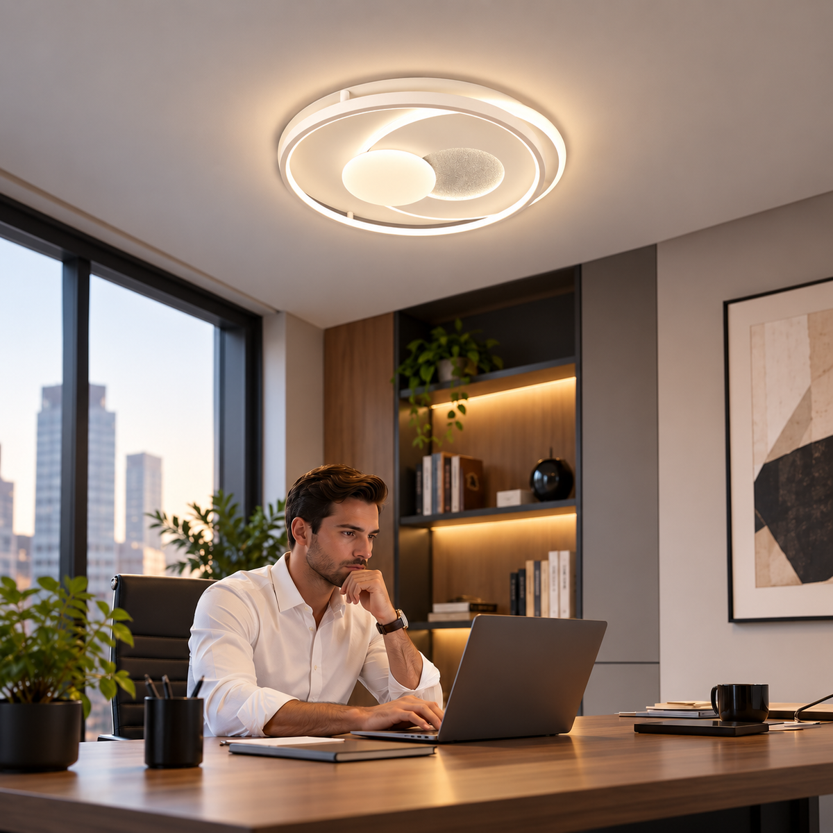 Lustra LED cu telecomanda ISTARAVSHAN, Forma Rotunda, 86W, lumina Rece/Calda/Neutra, Dimabila, Alb