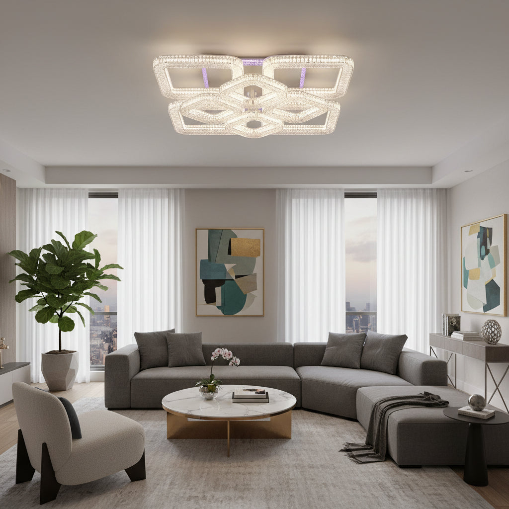Lustra LED RENATO Magno cu telecomanda si cristal,  128W, 8 Patrate, Lumina Rece/Calda/Neutra, Dimabila, Alb