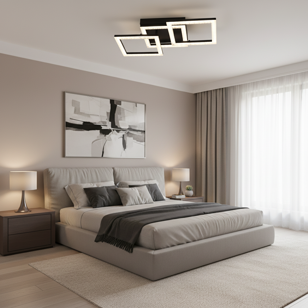 Lustra LED cu telecomanda GEO 43W, 3 Patrate, lumina Rece/Calda/Neutra, Dimabila, Metal si Acril, Negru