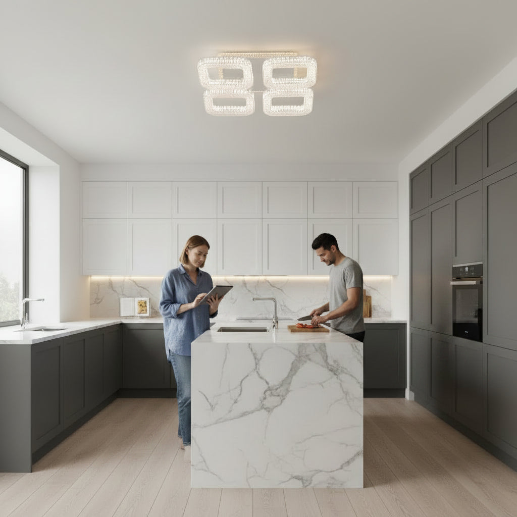 Lustra LED RENATO Nobile cu telecomanda si cristal,  54W, 4 Patrate, Lumina Rece/Calda/Neutra, Dimabila, Alb
