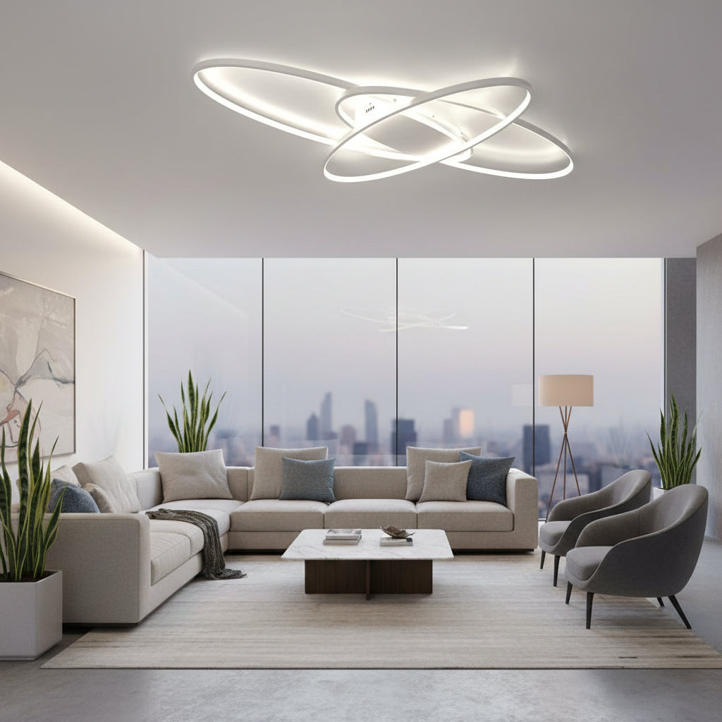 Lustra LED cu telecomanda COSMEE 84W, 3 Petale, Lumina Rece/Calda/Neutra, Dimabila, Alb, Metal si Acril