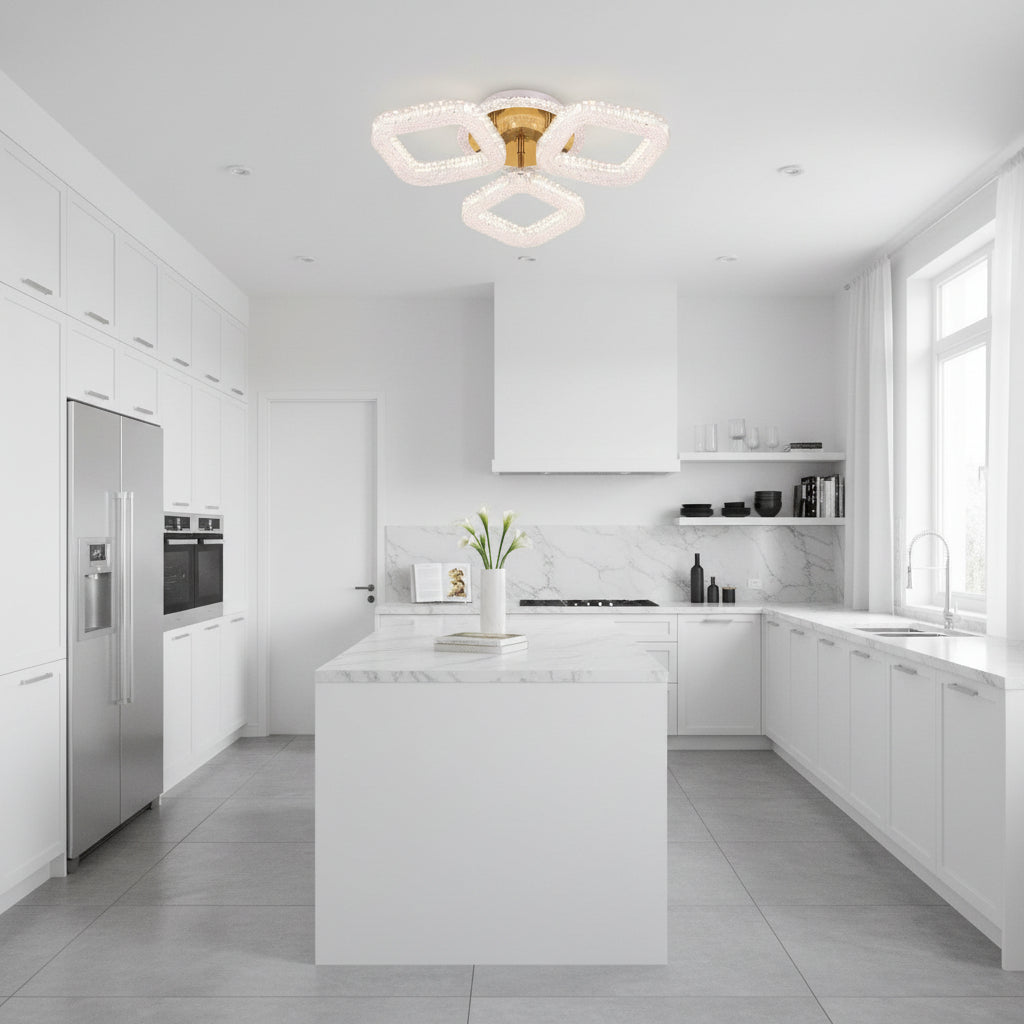 Lustra LED RENATO Nobile cu telecomanda si cristal,  39W, 3 Patrate, Lumina Rece/Calda/Neutra, Dimabila, Auriu