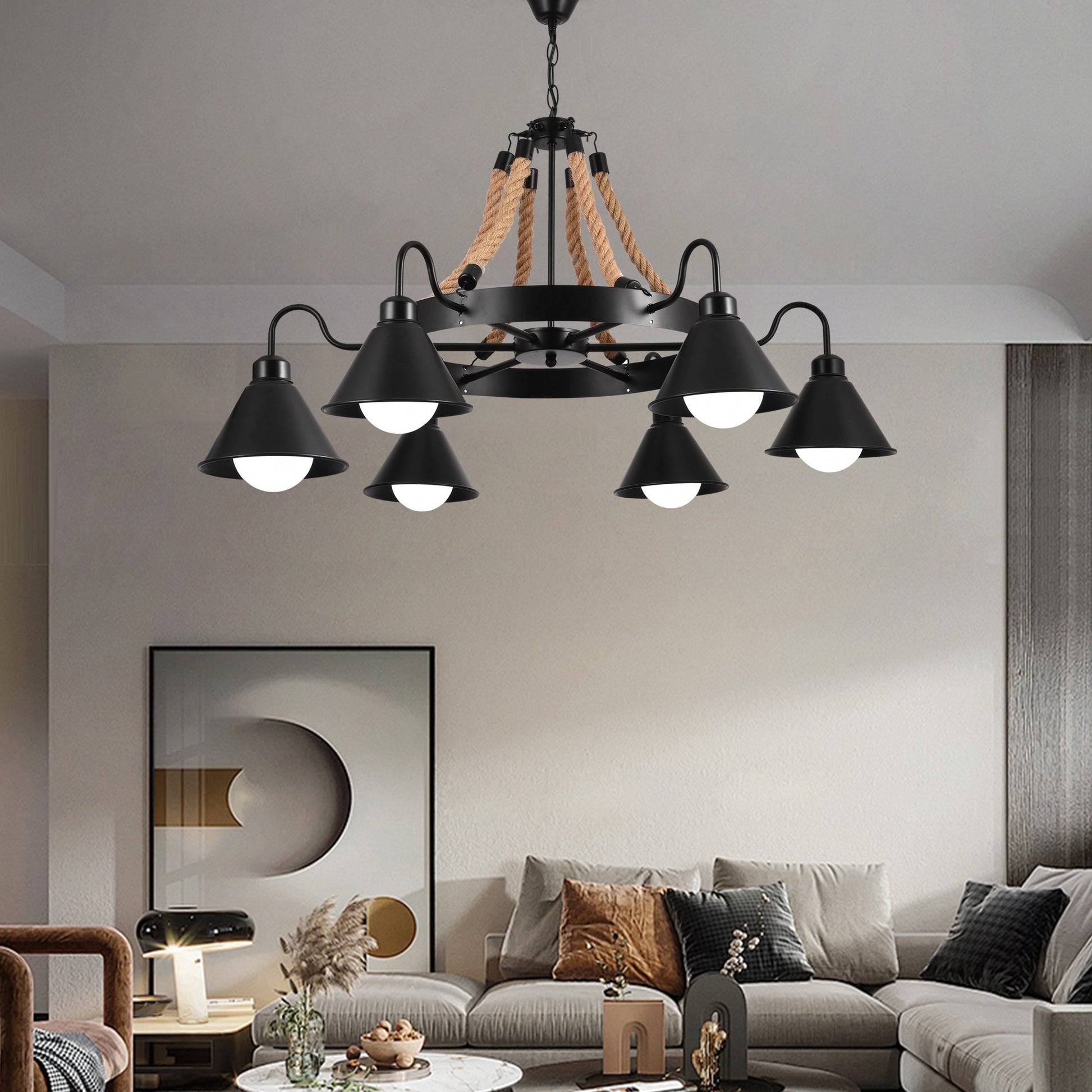 Lustra Vintage cu Franghie LV584/6BK, 6xE27 Lemn Inchis Lustre Vintage Default Title Alessandro Design