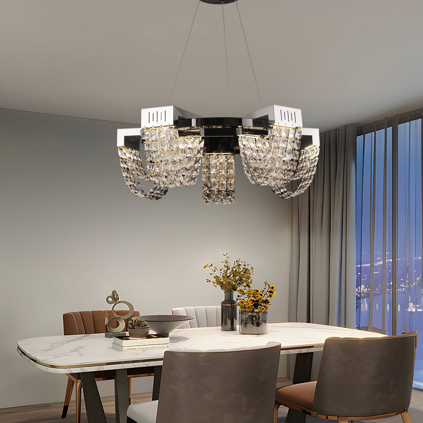 Candelabru Cristal LED 15W, STRATUS Magno , Diametru 50cm, Crom Lucios, Lumina Calda Neutra Rece 3000K/4000K/6000K Inaltime Reglabila, Metal si Cristal Candelabre Cristal Default Title Alessandro Design