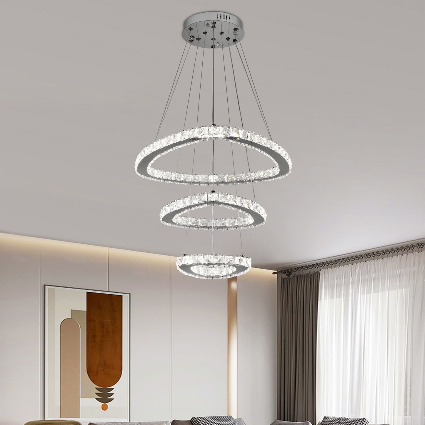 Lustra LED suspendata cu telecomanda si cristal PRISM LUMORA 63W, 3 Cercuri, lumina Rece/Calda/Neutra, Dimabila, Crom Lucios, Inaltime Reglabila Lustre LED cu Telecomanda Default Title Alessandro Design