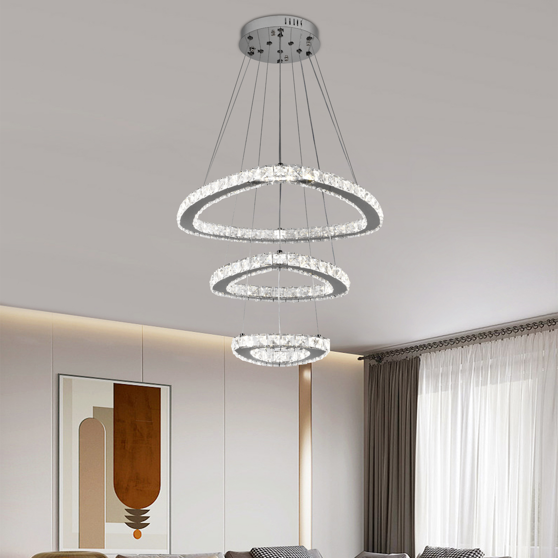 Lustra LED suspendata cu telecomanda si cristal PRISM LUMORA 63W, 3 Cercuri, lumina Rece/Calda/Neutra, Dimabila, Crom Lucios, Inaltime Reglabila Lustre LED cu Telecomanda Default Title Alessandro Design