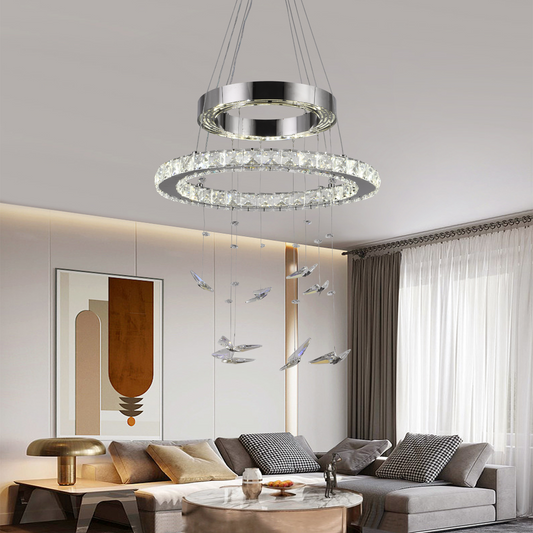 Lustra LED suspendata cu telecomanda si cristal 36W, 2 Cercuri, lumina Rece/Calda/Neutra, Dimabila, Crom Lucios, Inaltime Reglabila Lustre LED cu Telecomanda Default Title Alessandro Design