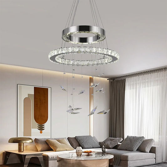 Lustra LED suspendata cu telecomanda si cristal 36W, 2 Cercuri, lumina Rece/Calda/Neutra, Dimabila, Crom Lucios, Inaltime Reglabila