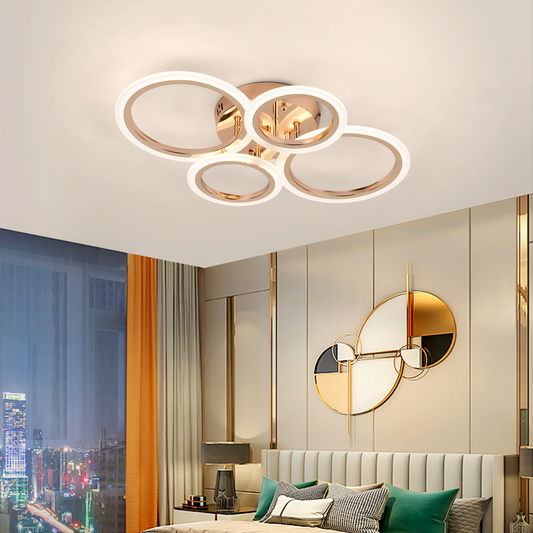 Lustra LED cu telecomanda  BETTY 43W, 4 Cercuri, lumina Rece/Calda/Neutra, Dimabila, Auriu Lucios