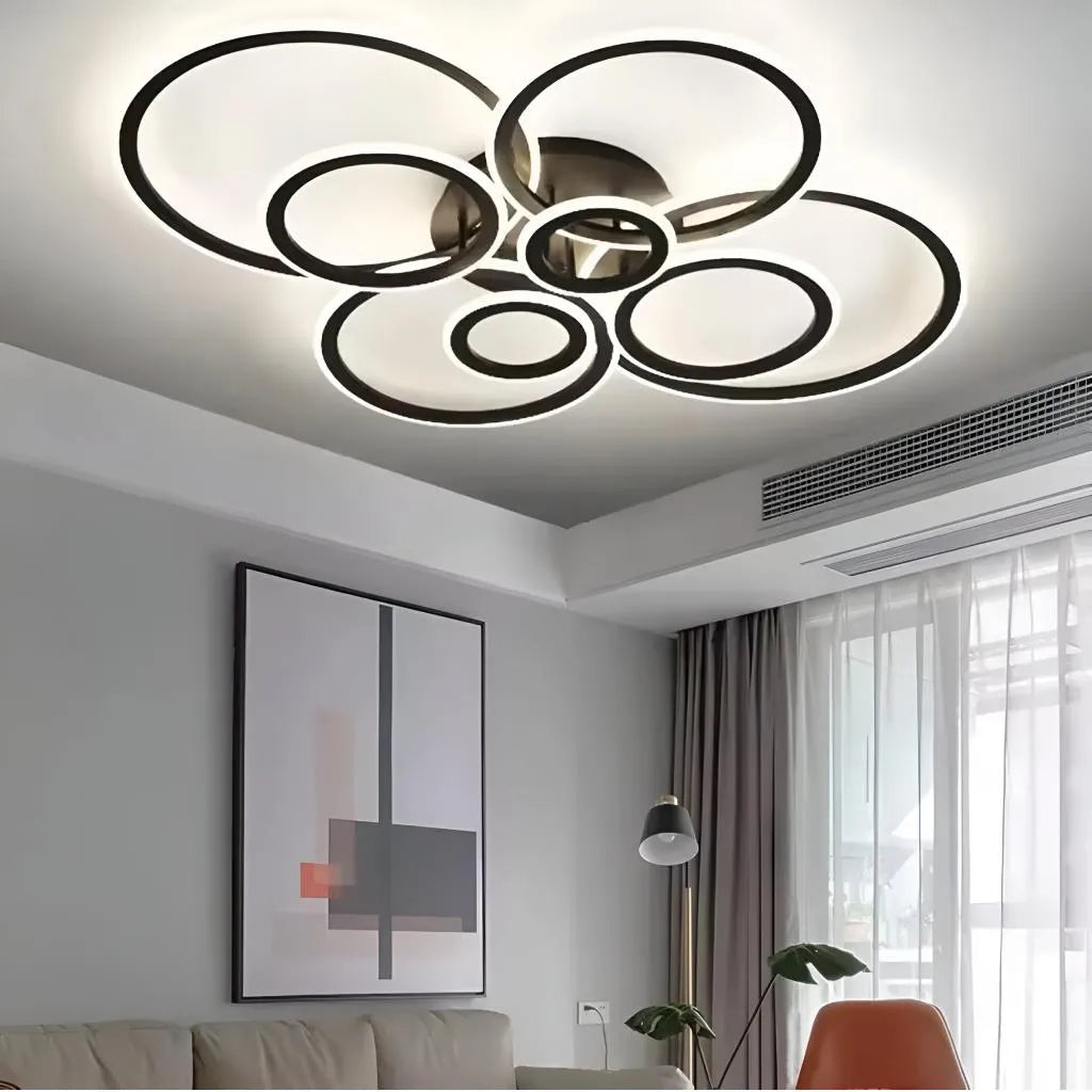 Lustra LED cu telecomanda BETTY 130W, 8 Cercuri, lumina Rece/Calda/Neutra, Dimabila, Negru