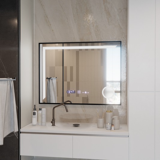 Oglinda LED Senzor MotionGlow Francesca 80x60 cm Lumina Calda/Rece/Neutra Dimabila Rama Negru Brushed Sistem Dezaburire Termometru Ceas Colectia Marcello Funghi Oglinzi Marcello Default Title Alessandro Design